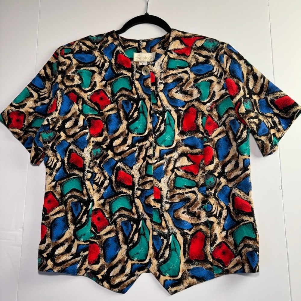 Che Studio Vintage Abstract Geometric Print Short Sleeve Button Top Blouse L